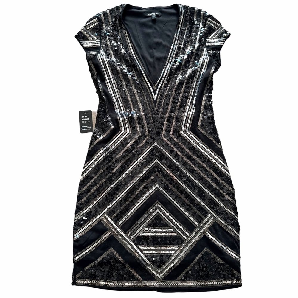 EXPRESS BLACK AND SILVER ART DECO SILVER SEQUIN DRESS NEW WITH TAGS SIZE XS - Picture 4 of 10